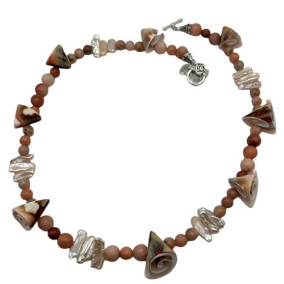 Handmade Jewelry Set - Shell, Pink Calcite, Pink Agate, Finger Pearl & Pewter - Picture 2 of 7